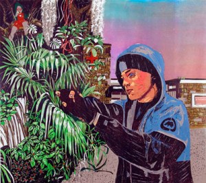 Frances Disley - Little Boy Lost - reduction lino cut