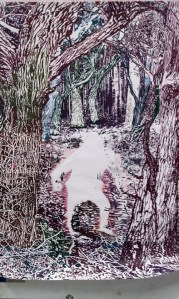 Drawing into soft ground using coloured pencils 